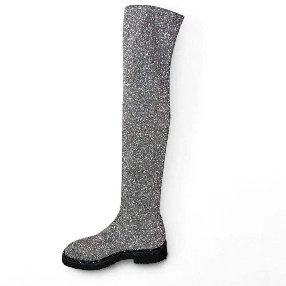 Giuseppe Zanotti Women's Silver Glitter Over-the-Knee Flat Boots Sz 37.5 NWOT